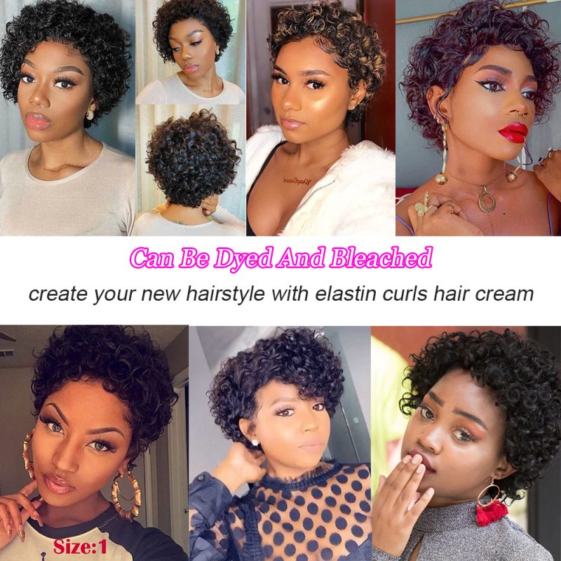 #1B Natural Color Human Hair Curly Wig T Part Pixie Cut Wigs - 图片 3